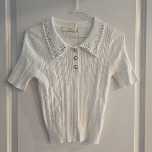 Lizette Collection White Short Sleeve Button Down Shirt with Peter Pan Collar